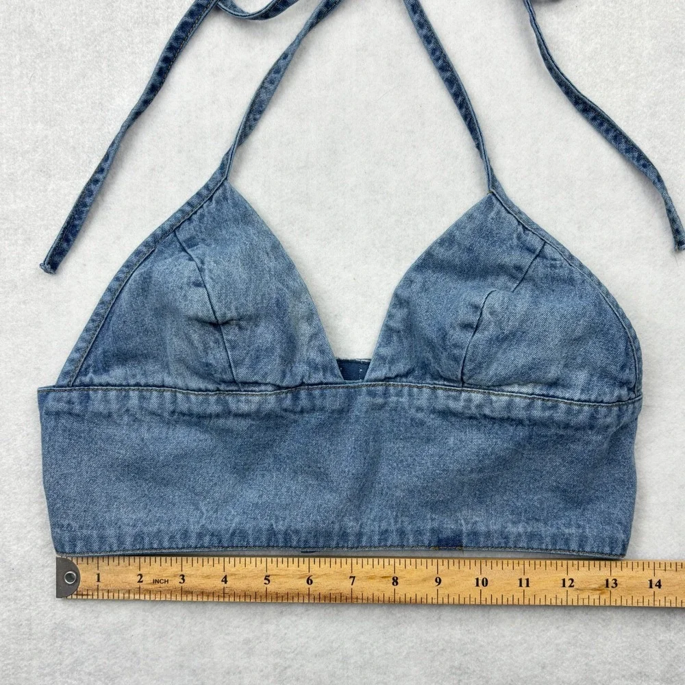 Emma & Sam Crop Top Womens Small Blue Denim Triangle Halter Hook Eye Bralette